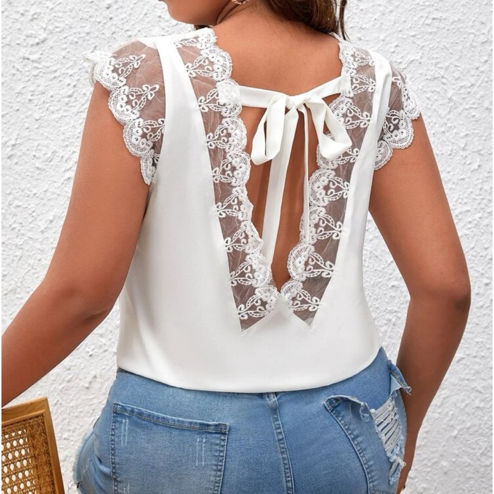 Boho Plus Size Lace Back Tie Back Top Blouse Shirt